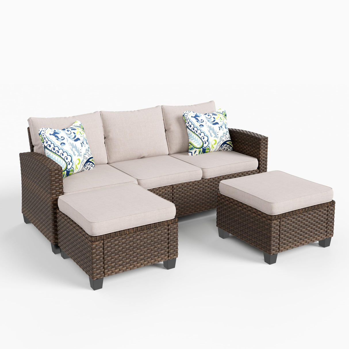 Small Patio Furniture Set, 3 Pieces Wicker Outdoor Sectional Set, L-Shaped Patio Couch Set, Modular Rattan Conversation Set with Lounge Sofa and Ottomans for Deck Lawn Garden, Beige HERA'S HOUSE