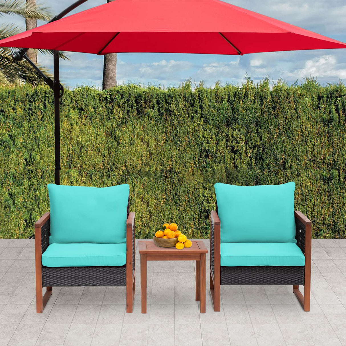 FDW 3-Piece Patio Bistro Set Acacia Wood Outdoor Chat Conversation Table Chair Set Outdoor Wood Chat Set with Water Resistant Cushions and Coffee Table for Beach Backyard Garden,Blue Cushion FDW