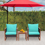 FDW 3-Piece Patio Bistro Set Acacia Wood Outdoor Chat Conversation Table Chair Set Outdoor Wood Chat Set with Water Resistant Cushions and Coffee Table for Beach Backyard Garden,Blue Cushion FDW