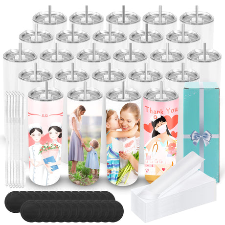 D·S 25 Pack Sublimation Tumblers Bulk 20 oz Skinny Straight Flat Bottom Blank Tumbler Cups with Individual Gift Boxed for Heat Transfer DIY Craft D·S