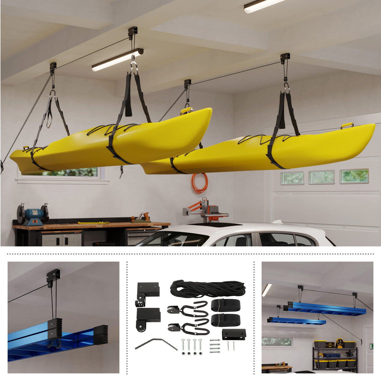 RAD Sportz Kayak Storage Hoists 2-Pack - Overhead Pulley Hoist Systems with 125lb Capacity Each for Canoes, Bikes, Ladders, and More RAD Sportz