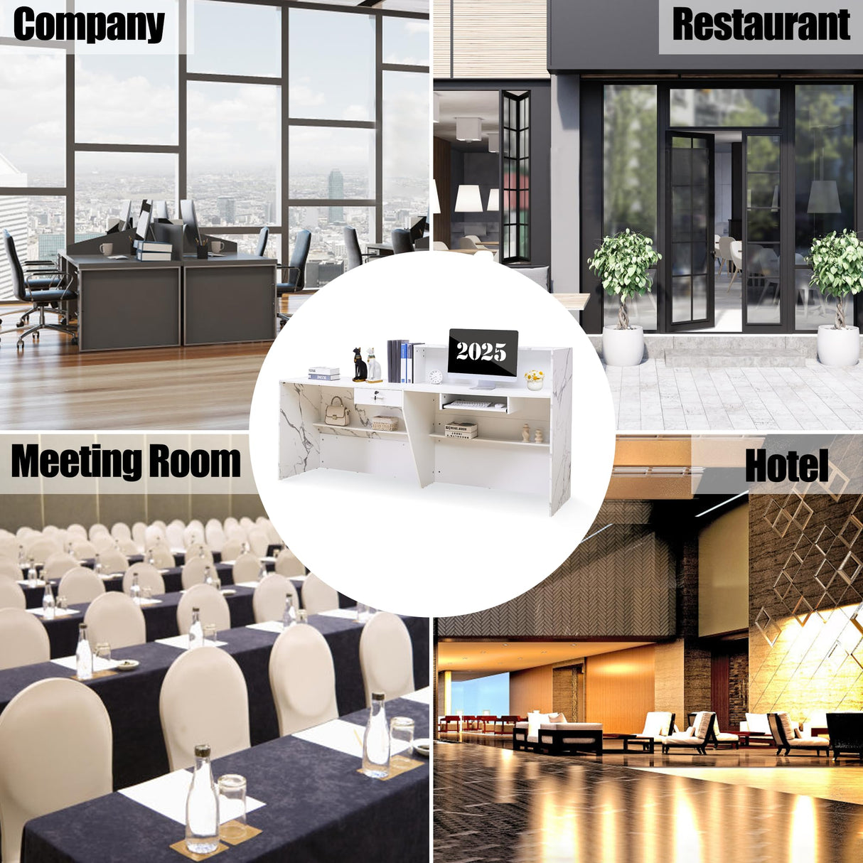 LayBurst Reception Desk,Modern Checkout Counter with Lockable Drawer,Keyboard Tray and Shelves,White Receptionist Desk for Corporate and Hotel Lobbies（23.6”D x 86.6”W x 43.3”H） LayBurst