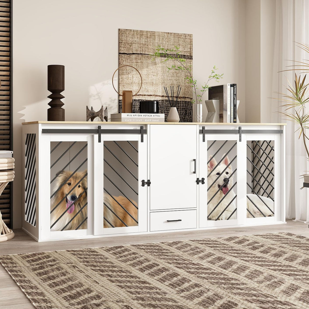DAWNSPACES Furniture Dog Crate,81.5" Heavy Duty Wooden Dog Cage Kennel with a Storage Drawer, Shelves,Sliding Doors,Indoor Furniture Style Dog Crate Table,Dog House for Medium Dogs,White DAWNSPACES