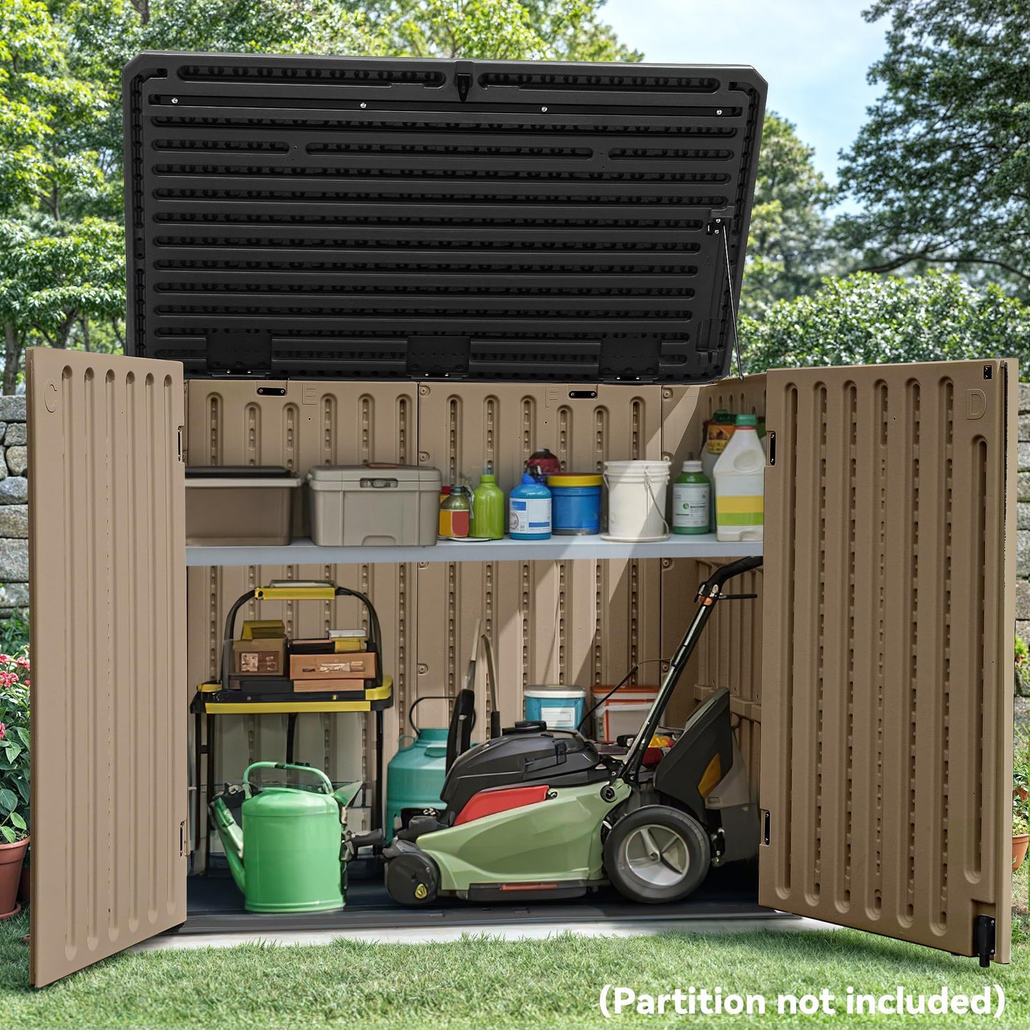 YITAHOME Large Outdoor Horizontal Storage Shed, 47 cu ft Resin Tool Shed w/o Shelf, Outdoor Waterproof Storage with Floor for Trash Cans, Garden Tools, Lawn Mower, Lockable, 4.5x2.8x3.9 ft, Brown