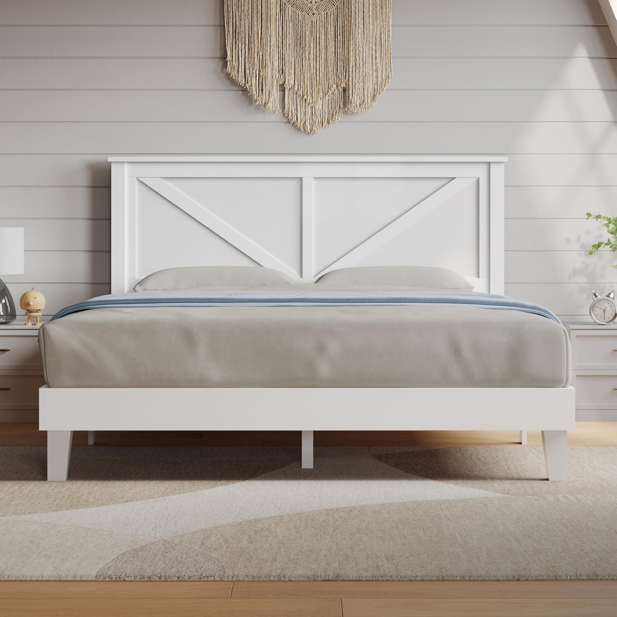 Yaheetech Wood Bed Queen, Farmhouse White Rubberwood Platform Bed Frame with V-Designed Headboard, Sturdy Wooden Support Slats, Holds up to 800 Pounds, Noise-Free, Easy Assembly Yaheetech