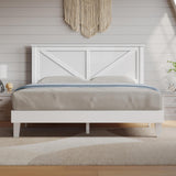 Yaheetech Wood Bed Queen, Farmhouse White Rubberwood Platform Bed Frame with V-Designed Headboard, Sturdy Wooden Support Slats, Holds up to 800 Pounds, Noise-Free, Easy Assembly Yaheetech