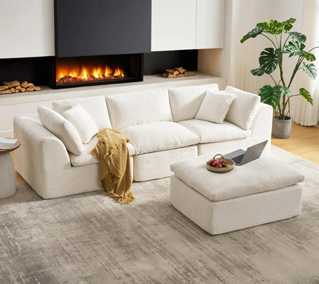 SITJOY L Shape Sectional Sofa, 4 Seat Velvet Sofa with Ottoman, Boneless Cloud Sectional Couch for Living Room, No Need Assembly Modular Sectional Sofa, 110 inch Width, White SITJOY