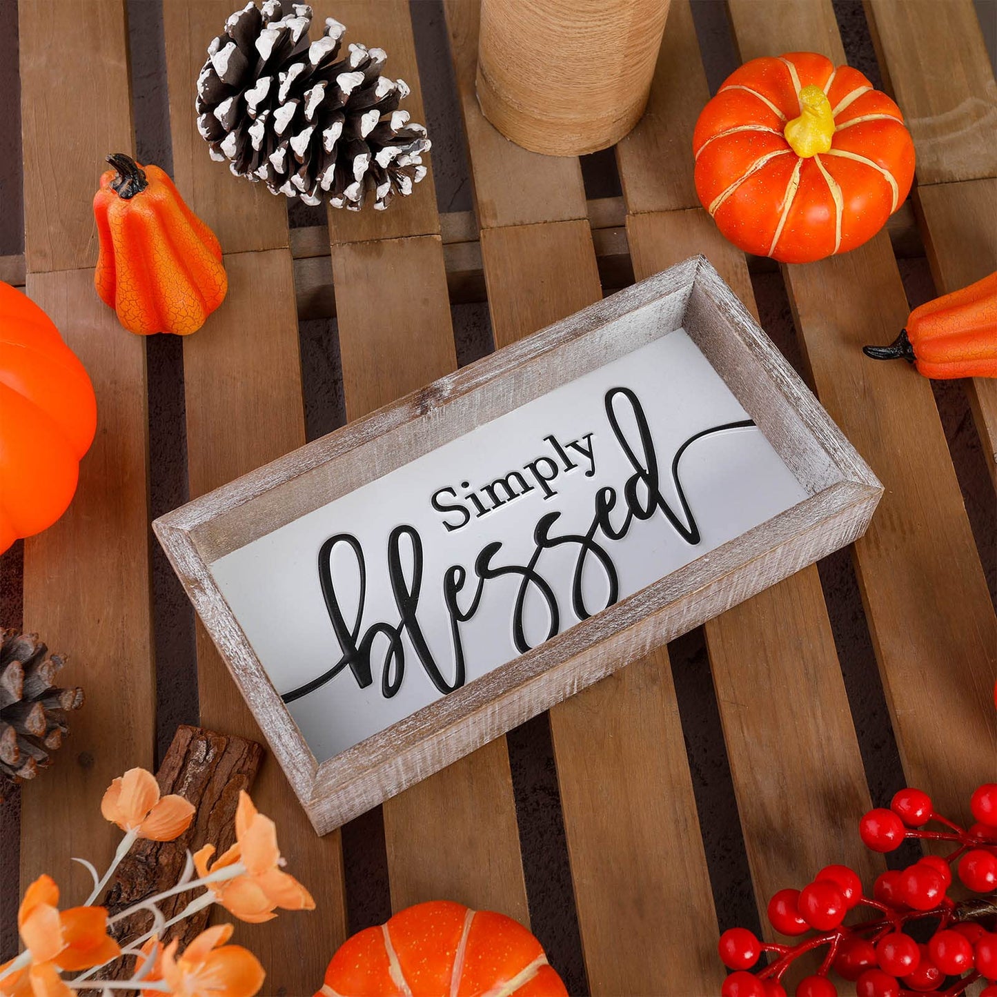 FESTWIND Tiered Tray Decor, Simply Blessed Sign Embossed Metal With Wood Frame - Shelf, Mantel, Blessed Signs for Home Decor - Rustic Thanksgiving, Primitive Decoration