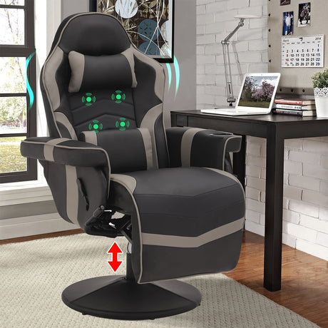 LVUYOYO Reclining Gaming Chair, Gaming Chair with Footrest and Massage, High Back PU Leather Gaming Recliner w/Adjustable Height, Swivel Game Chair with Lumbar Support, Cup Holder, Headrest LVUYOYO