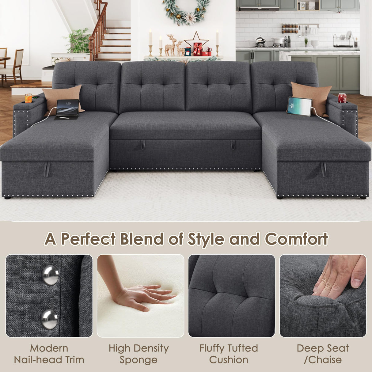 HIFIT 112" Sectional Couches for Living Room- Pull Out Sleeper Sofa Couch w/Storage Chaise,Storage Armrest,LED Light&USB Port&Cupholder, Modern Linen U Shaped Home Sofa Living Room Furniture Set, Grey HIFIT