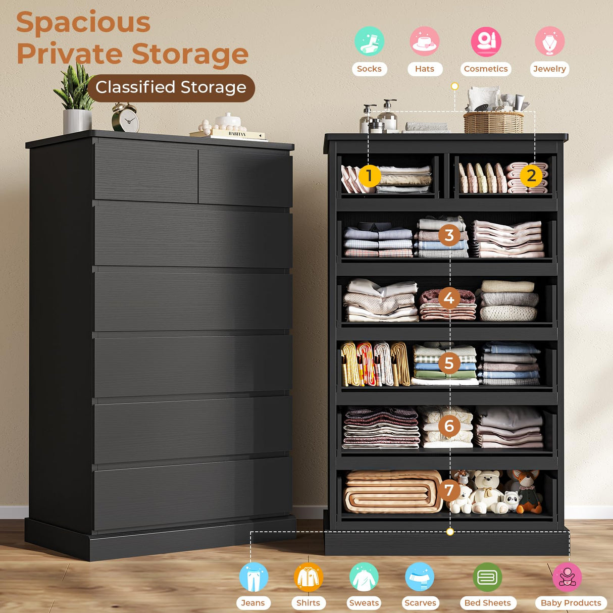 DICTAC Black Tall Dresser for Bedroom with 7 Drawers, 51.8" Tall Dressers & Chests of Drawers, Modern Wood Closet Organizer and Storage Cabinet, Large Vertical Dresser for Bedroom, Closet, Hallway DICTAC