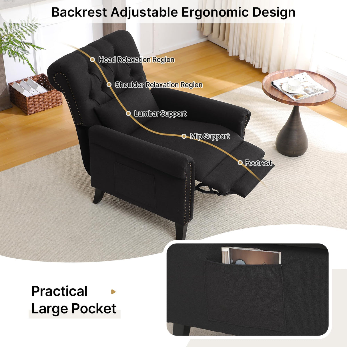 choairy Pushback Recliner Chair, Accent Push Back Chair Set of 2 with Adjustable Footrest Wingback, Upholstered Linen Reclining Sofa with Side Pocket, Comfy Modern Armchair for Living Room, Black choairy
