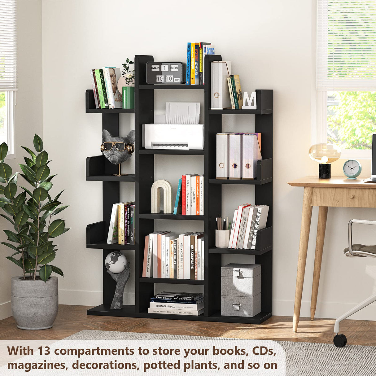 Aheaplus Bookshelf, Tree-Shaped Bookcase Storage Shelf with 13 compartments, Books Organizer Display Cube Shelves, Industrial Free Floor Standing Wood Open Bookshelves, Black Aheaplus
