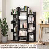 Aheaplus Bookshelf, Tree-Shaped Bookcase Storage Shelf with 13 compartments, Books Organizer Display Cube Shelves, Industrial Free Floor Standing Wood Open Bookshelves, Black Aheaplus