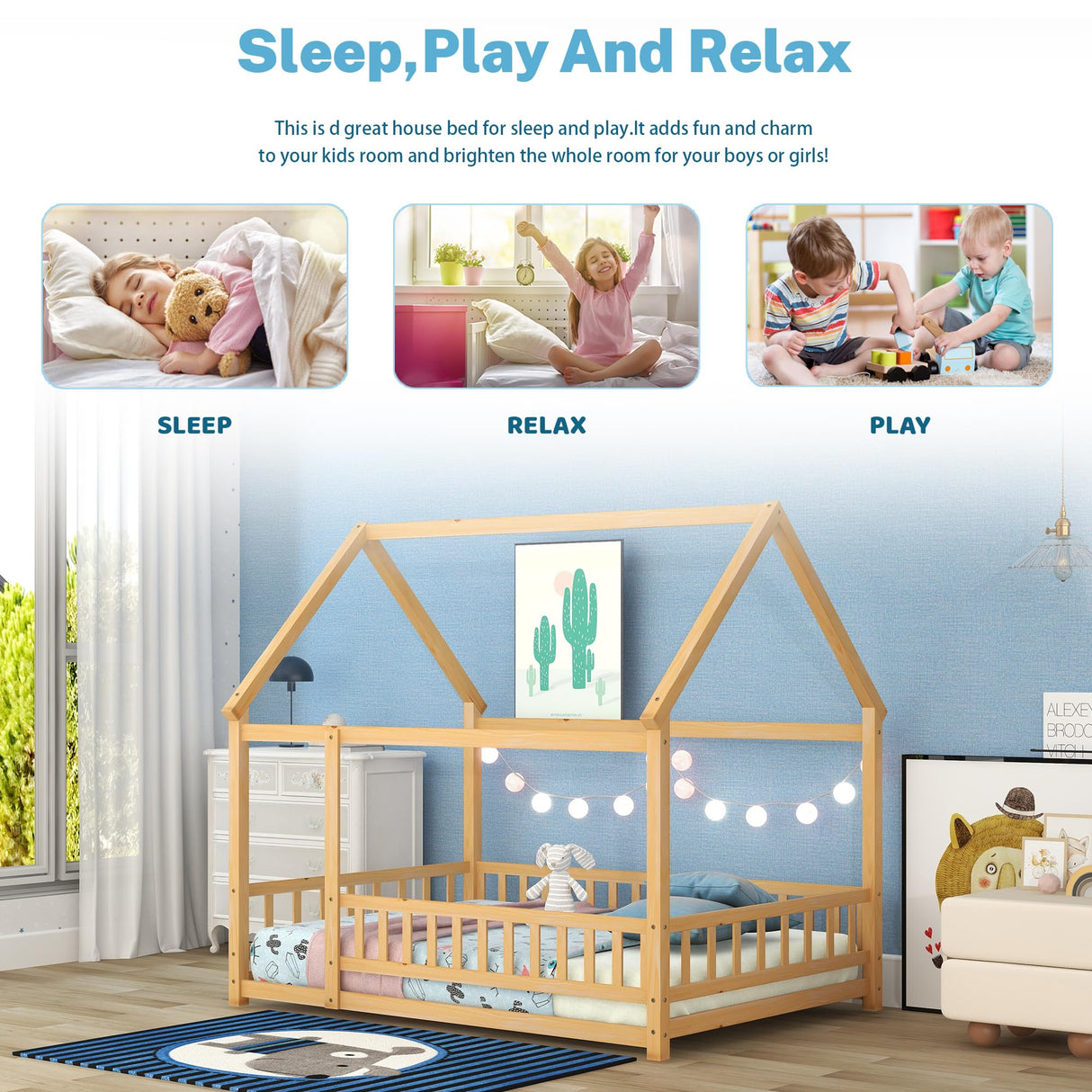 Bellemave Full Size Kids House Bed with Roof and Fence - Solid Wood Montessori Floor Bed in Natural Finish Bellemave