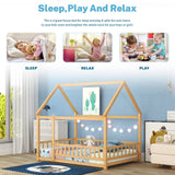 Bellemave Full Size Kids House Bed with Roof and Fence - Solid Wood Montessori Floor Bed in Natural Finish Bellemave