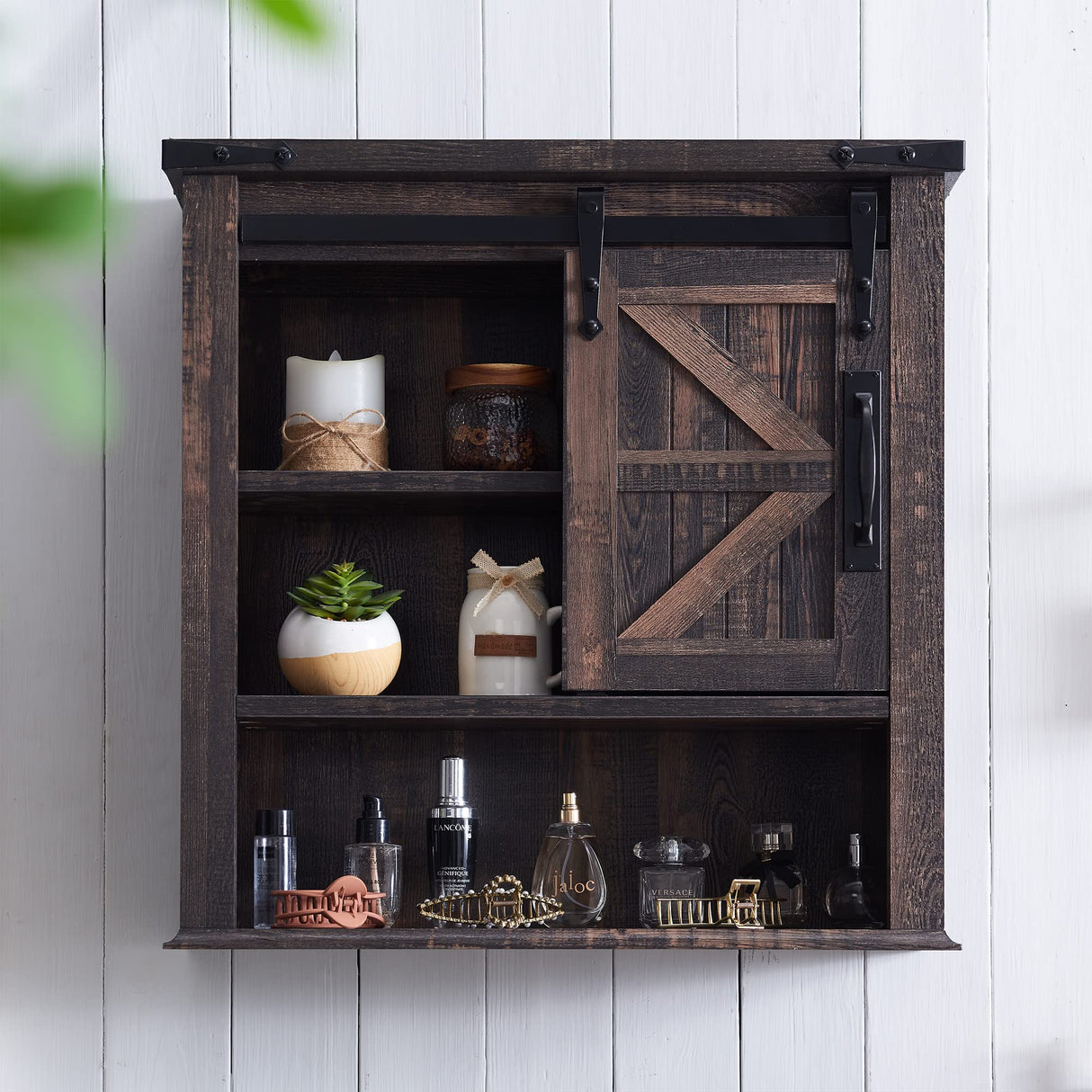 OKD Bathroom Wall Cabinet, Farmhouse Medicine Cabinet with Sliding Barn Door & Adjustable Shelves, Storage Cabinet Wall Mounted for Bathroom, Kitchen, Dark Rustic Oak OKD