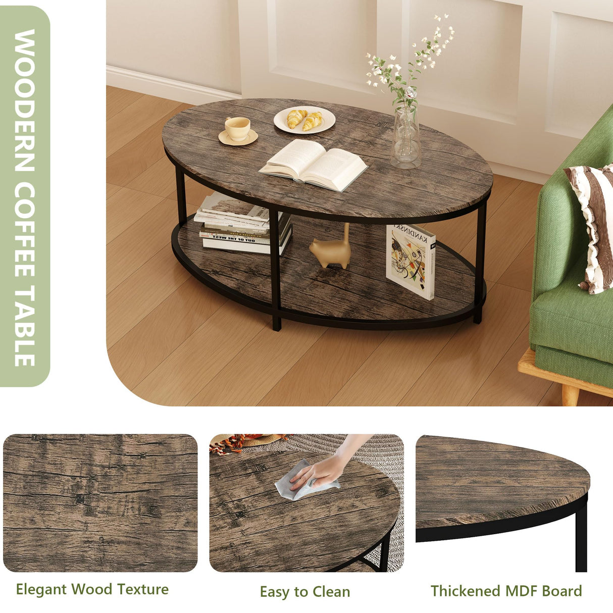 ROCSUMOO 43.3”Oval Coffee Table for Living Room, 2-Tier Coffee Table with Open Storage Shelf, Modern Wooden Side Table for Bedroom Home Office (Oval, Walnut) ROCSUMOO