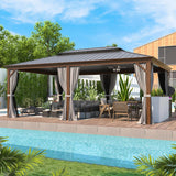 EROMMY 14' x 20' Hardtop Gazebo, Wooden Finish Coated Aluminum Frame Canopy with Double Galvanized Steel Roof, Outdoor Permanent Metal Pavilion with Curtains and Nettings for Patio,Garden, Backyard EROMMY