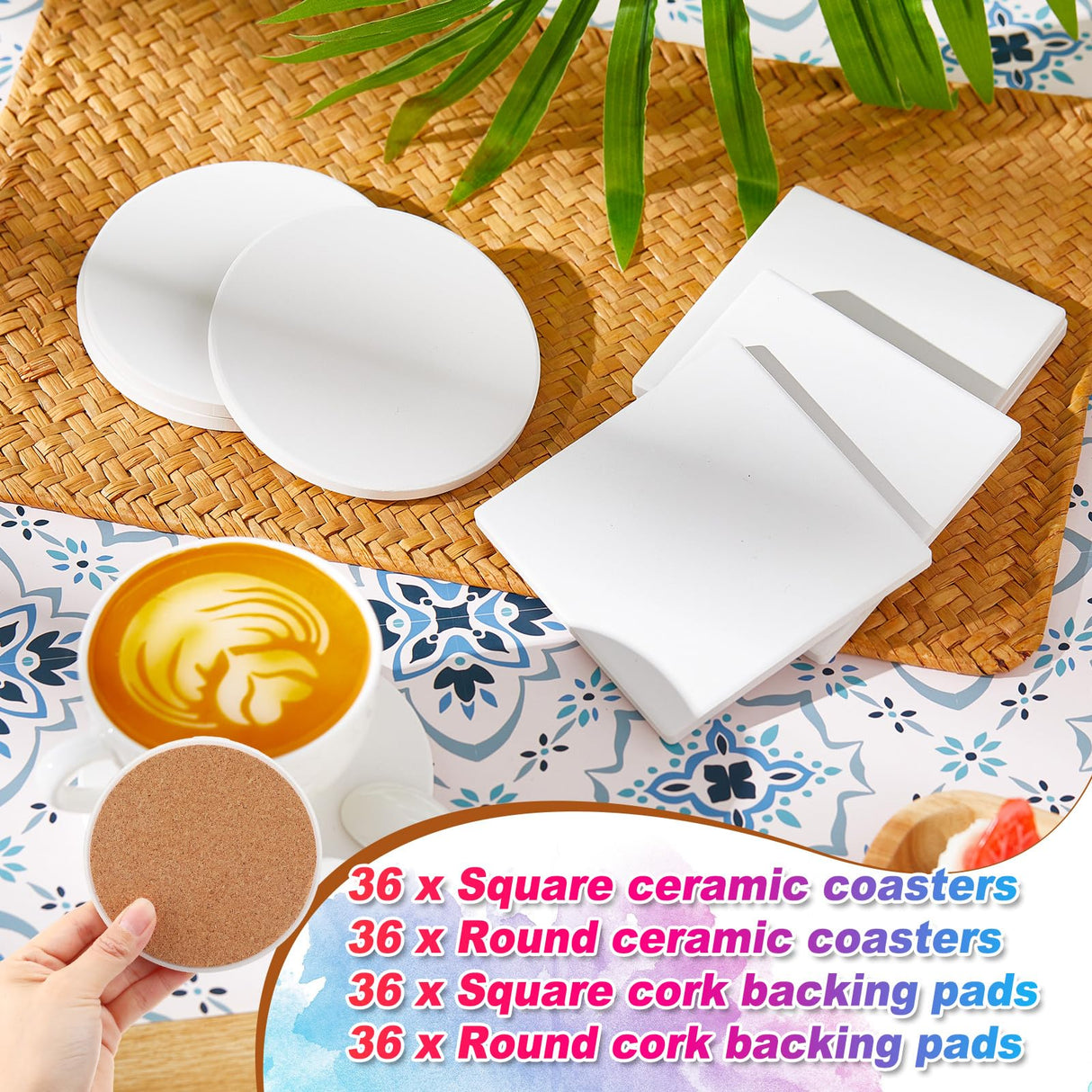 Suttmin 144 Pieces Ceramic Tiles for Crafts Coasters White Ceramic Tiles for Crafts Blank Unglazed Ceramic Tiles with Cork Backing Pads for Painting DIY Art Gift Project(Round, Square) Suttmin