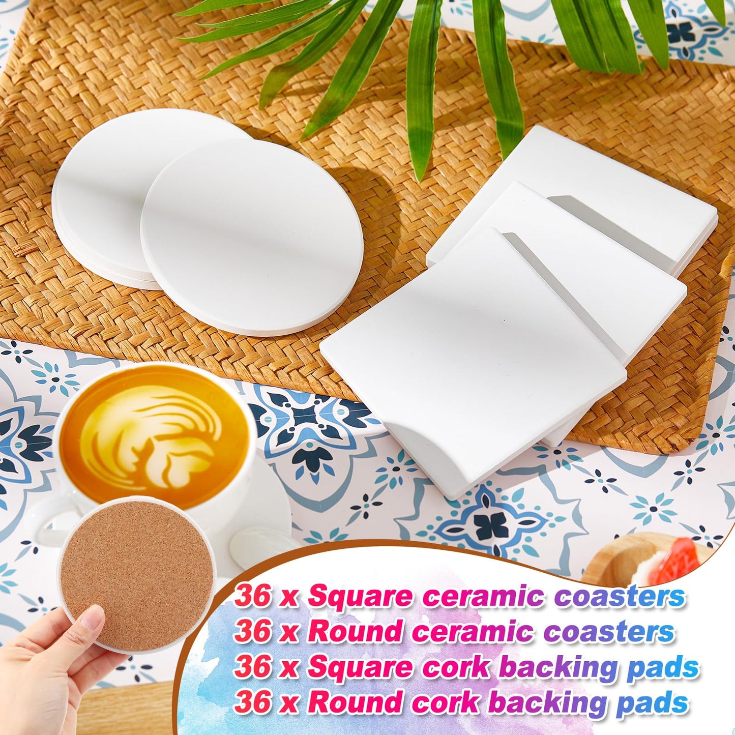 Suttmin 144 Pieces Ceramic Tiles for Crafts Coasters White Ceramic Tiles for Crafts Blank Unglazed Ceramic Tiles with Cork Backing Pads for Painting DIY Art Gift Project(Round, Square)