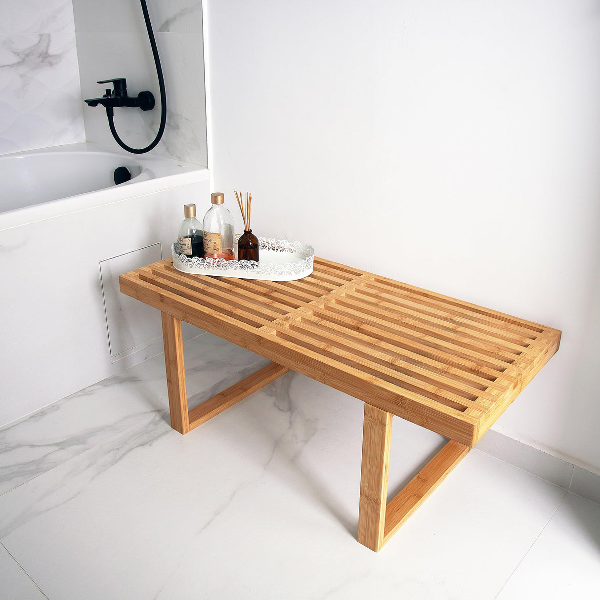 SWEVEN Natural Slat Entryway Bench, Bedroom Bench, Living Room Bench, Dining Bench, Entry Way Bench | Perfect Wooden Bench for Bedroom End of Bed, Bathroom, Kitchen, Foyer, Hallway and More. SWEVEN
