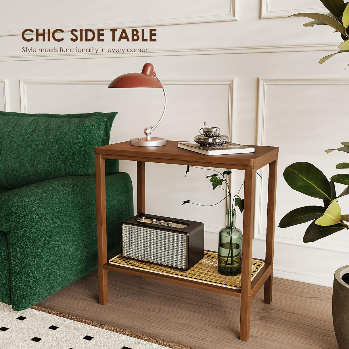 Rattan Side Table Mid Century Modern End Table 2-Tier with Storage Night Stand Narrow Coffee Table Boho Bamboo Living Room Table Bamworld