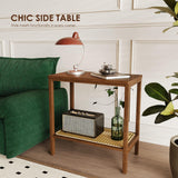 Rattan Side Table Mid Century Modern End Table 2-Tier with Storage Night Stand Narrow Coffee Table Boho Bamboo Living Room Table Bamworld