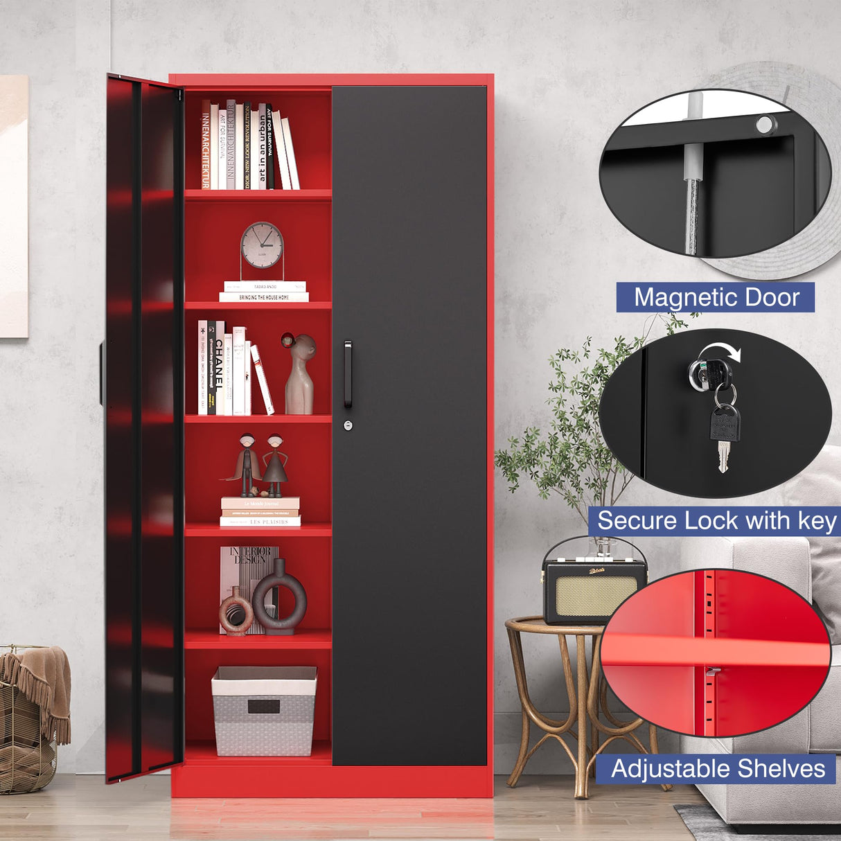 LISSIMO Metal Storage Cabinet with Lock,71 Inch Garage Cabinet with 2 Doors and 5 Adjustable Shelves,Steel Storage Cabinets for Garage,Home Office,Pantry,School(Red & Black) LISSIMO