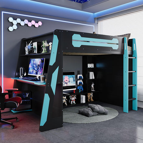 Bellemave Gaming Loft Bed with Desk and Lights, Full Loft Bed with Storage Shelves and Work Station, Wood Loft Bed Frame for Kids, Boys, Girls, Teens, No Spring Box Needed & Dedicated Style, Blue Bellemave