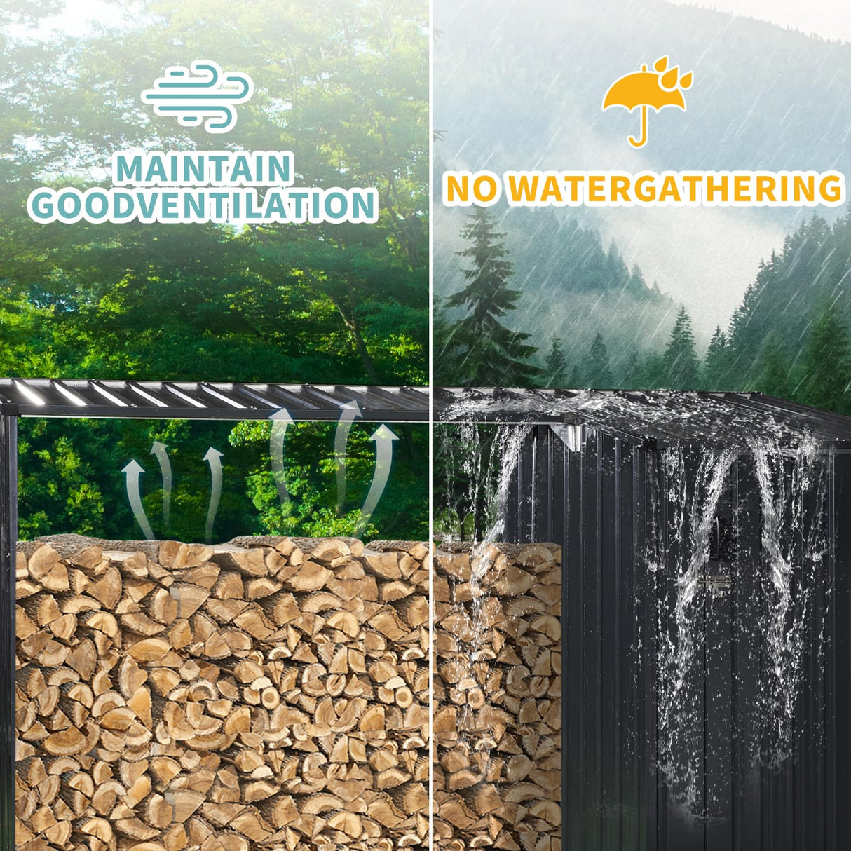 YOPTO 106.5" Outdoor Steel Firewood Rack Metal Storage Shed with Door and Reinforced Base,Multi-Functional 2 in 1 Waterproof Cabinet W/Roof,for Equipment Machines,Black YOPTO