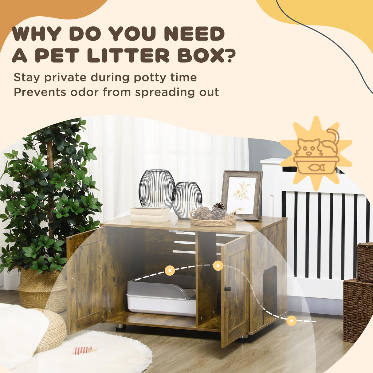 PawHut Hidden Cat Litter Box Enclosure, Cat Washroom Storage Bench Side End Table - Rustic Brown PawHut