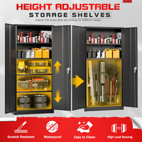 Metal Storage Cabinet with Lock, 71" Tall Black Garage Cabinet with 2 Doors & 4 Adjustable Shelves, Lockable Steel File Cabinet for Home Office, Garage, School, Gym Pataku