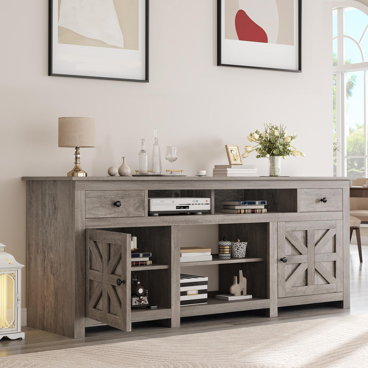 YITAHOME TV Stand for 75/80 Inch TV, Farmhouse Entertainment Center with Storage, 70 Inch TV Cabinet with Drawers and Power Outlet, TV Console for Living Room (Grey Oak) YITAHOME