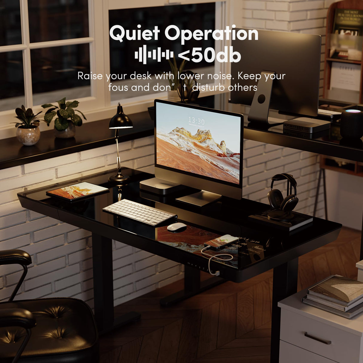 BANTI Electric Standing Desk with Drawers, 48 inch Whole-Piece Glass Desktop, Height Adjustable Stand up Sit Stand Home Office Ergonomic Workstation, Black Tabletop BANTI