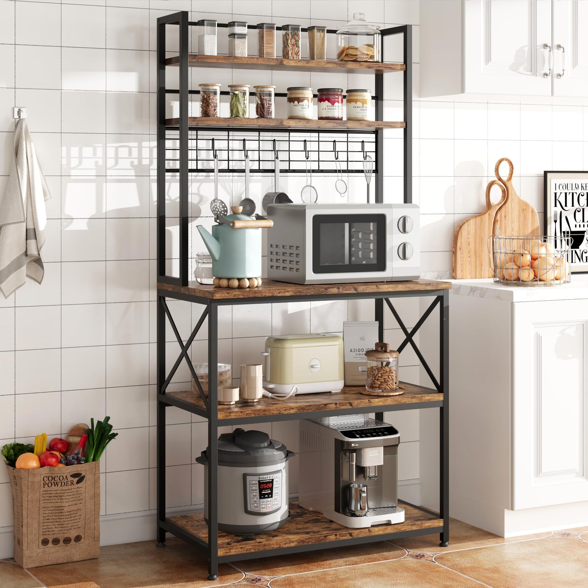 IDEALHOUSE Rustic Brown Kitchen Bakers Rack with 5-Tier Storage & Microwave Stand - WoodArtSupply