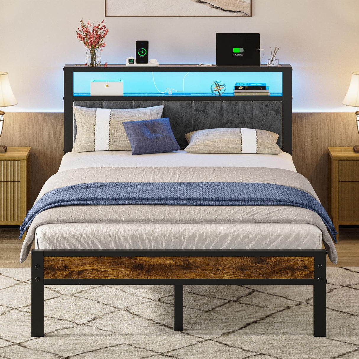 Full Size Platform Bed Frame with LED Lights, Charging Station, Grey Upholstered Headboard with 2-Tier Storage Shelves, Noise Free, No Box Spring Needed Liians