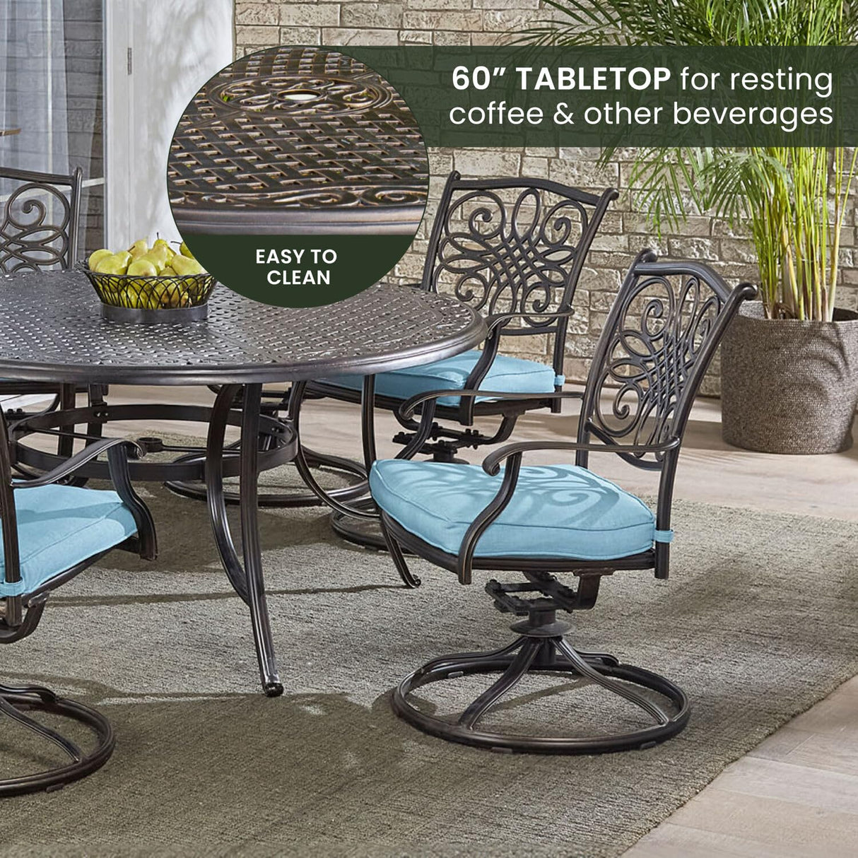 Hanover Traditions 7-Piece Patio Dining Set with 60" Round Cast-Top Table and Swivel Rockers with Blue Cushions, Patio Dining Set for 6, Premium Weather Resistant Outdoor Dining Set Hanover