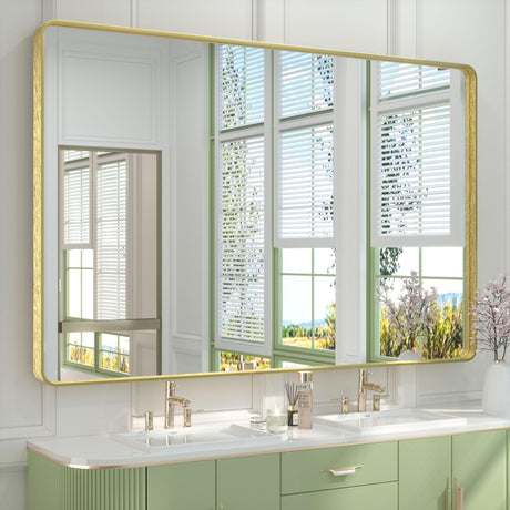 TETOTE 60 x 40 Inch Brushed Gold Frame Mirror, Brass Bathroom Vanity Mirror for Wall, Modern Rectangle Round Corner Matte Framed Mirror (Horizontal/Vertical) TETOTE
