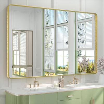 TETOTE 60 x 40 Inch Brushed Gold Frame Mirror, Brass Bathroom Vanity Mirror for Wall, Modern Rectangle Round Corner Matte Framed Mirror (Horizontal/Vertical)