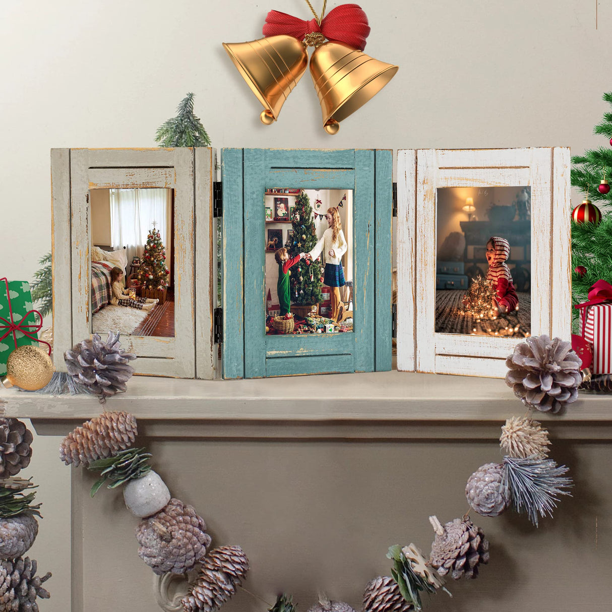 RiteSune Rustic 3 Picture Frame 4X6 Triple Hinged Distressed Photo Frame for Tabletop Display, Picture College Frame Present for Holiday, Festival, Christmas RiteSune