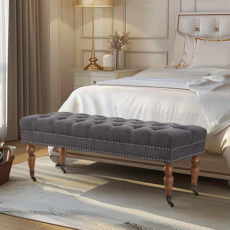 BELLEZE 47-Inch Upholstered Ottoman Bench, Moveable Tufted Ottoman Bench with Caster Wheels, Tufted Ottoman for Living Room, Entryway, or Bedroom - Brooke (Dark Grey) BELLEZE