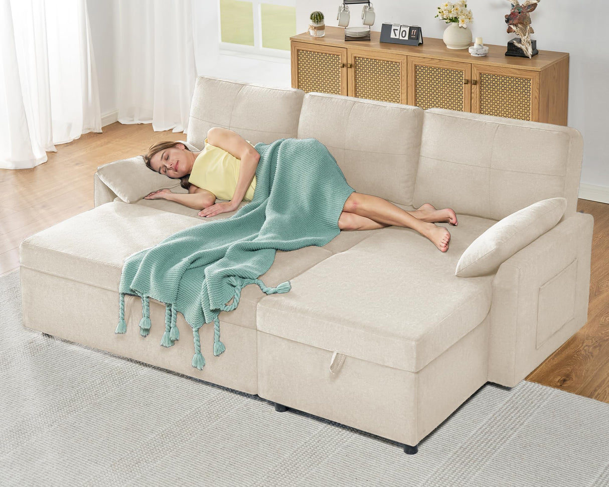 AMERLIFE Sleeper Sofa, 2-in-1 Sofa Bed with Storage Chaise, Pull Out Sofa Couch for Living Room, Guest Room, Linen Beige AMERLIFE