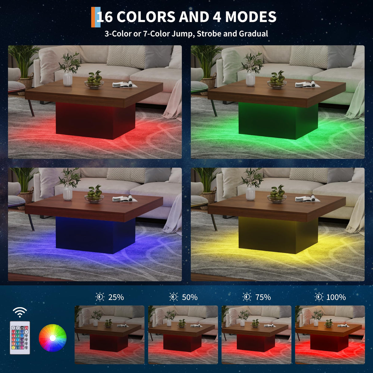 GarveeHome Square Coffee Table with Led Lights, 35 inch Living Room Tables, Modern Coffee Tables with Plug-in 16-Color LED Lights, Cocktail Table for Home Office, Apartment, Reading Room GarveeHome