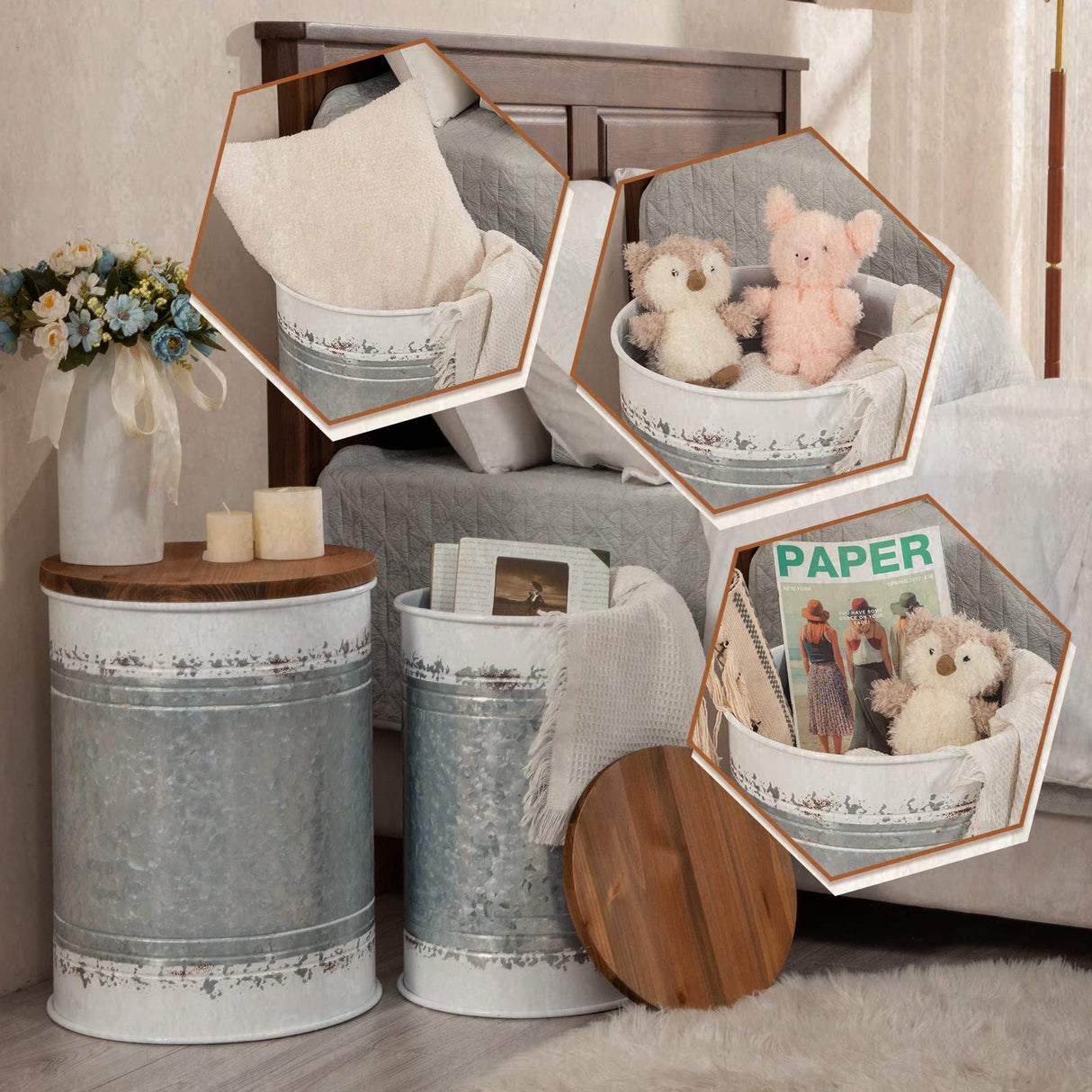 Poofzy Farmhouse End Tables Set of 2, Galvanized Metal Decor Side Table with Wood Lid, Coffee Table Storage Stool for Living Room (White) Poofzy