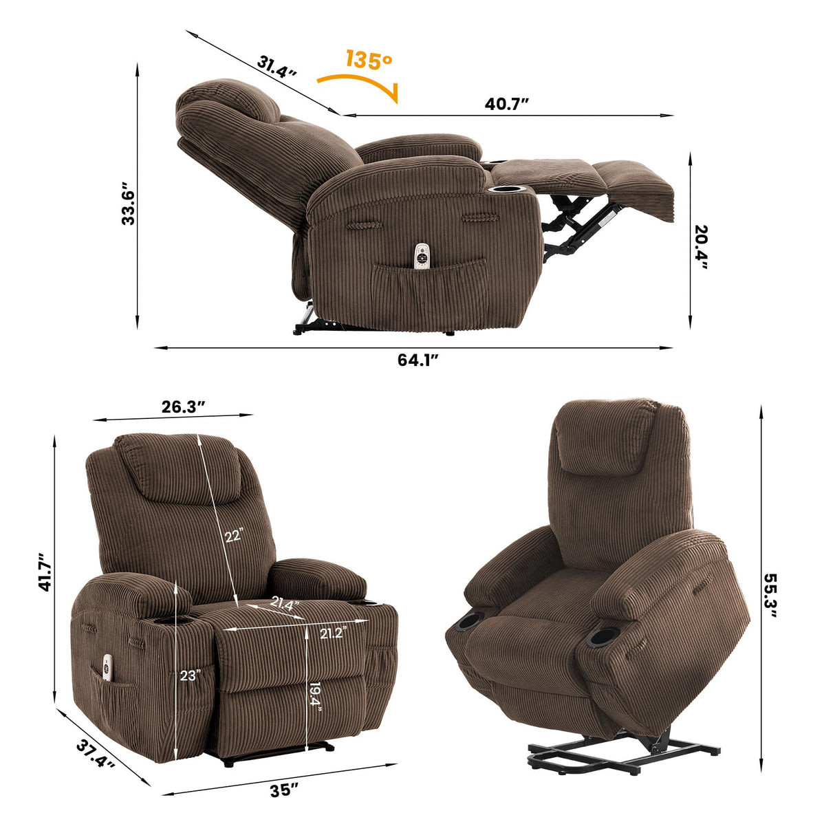 Power Lift Recliner Chair for Elderly,Lift Chair with Massage and Heat for Living Room,155°Adjustable Corduroy Electric Recliner Chairs with 2 Cup Holders and Stand Assist for Living Room,Brown MilleLoom
