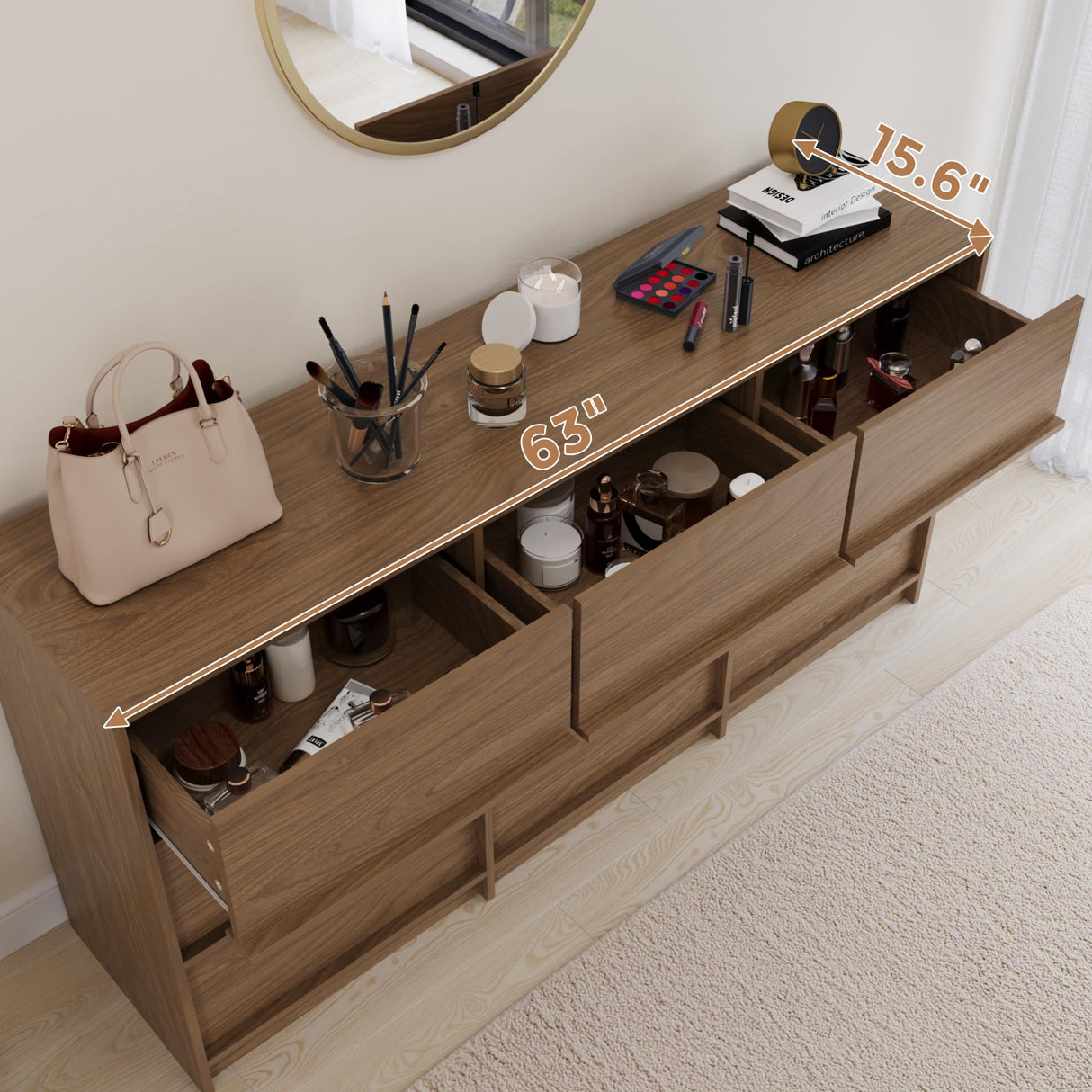 Jiaoun 9 Drawer Dressers for Bedroom, Modern Large Wood Dresser Chest of Drawers, Wide Dresser Organizer for Living Room, Hallway, Walnut Jiaoun