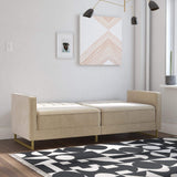 Novogratz Skylar 77 Inch Futon Sofa Bed in Velvet Fabric, Industrial Modern Upholstered Couch Sleeper with Black Metal Legs, Ivory Novogratz