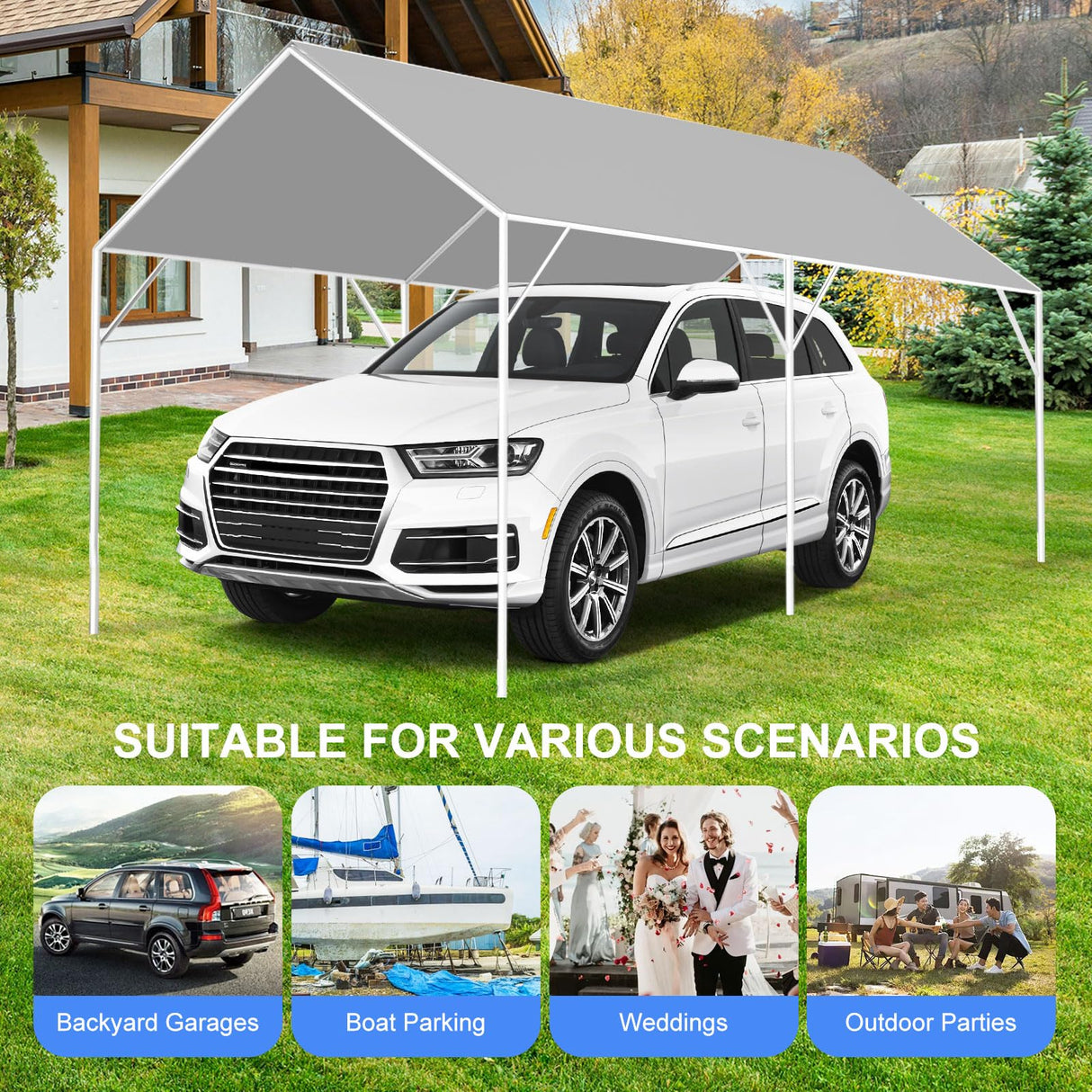 12' x 20' Canopy Replacement Cover for Carport, 220G Heavy Duty Replacement Top Cover for Car Garage, Waterproof & UV Protected Tarp with 48 Ball Bungees (Only Cover, Frame Not Included), Grey Buzleer