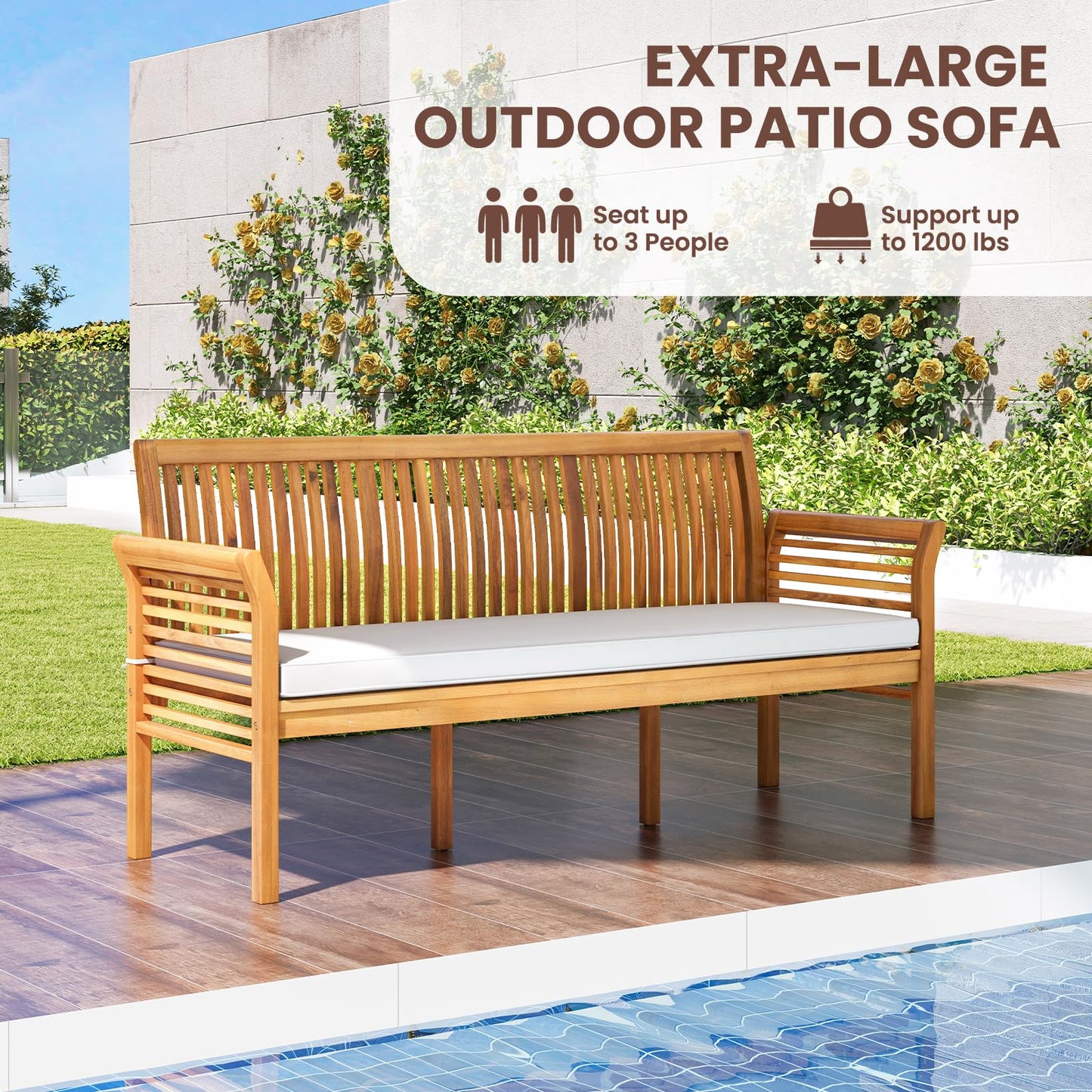 RELAX4LIFE 62.5’’ Outdoor Bench Acacia Wood - 3-Person Patio Bench w/Backrest, Armrests & Removable Seat Cushion, Slatted Wooden Garden Bench for Front Porch Park Backyard, 1200 LBS Weight Ca - WoodArtSupply